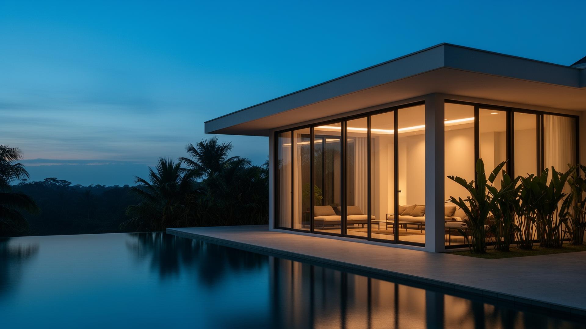 Villa homestay moden waktu senja dengan kolam